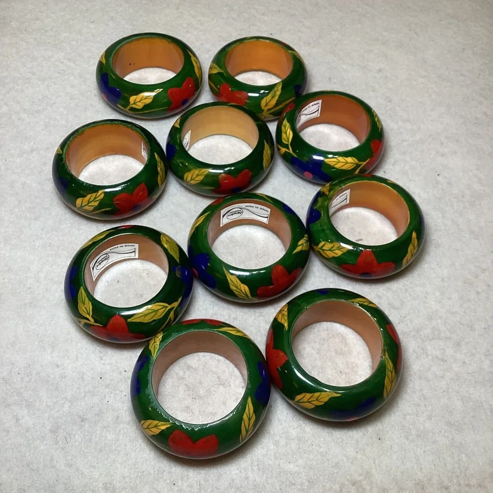 Simplex International Hand Painted Wood Napkin Rings Green Floral Set (10) India